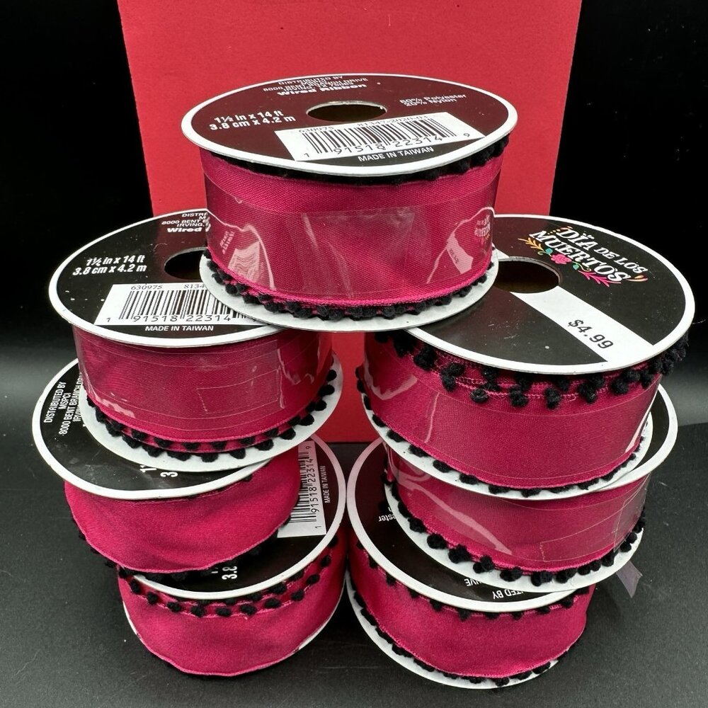 Pink Wired Ribbon Pom Pom Edge Lot of 7 Dia De Los Muertos 1 1/2" in x 14 ft